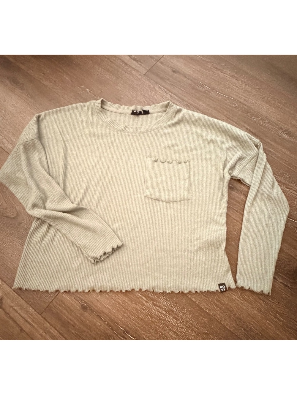 Roxy Rib Knit Crop Sweater Olive Green Pocket Long Sleeve Size M